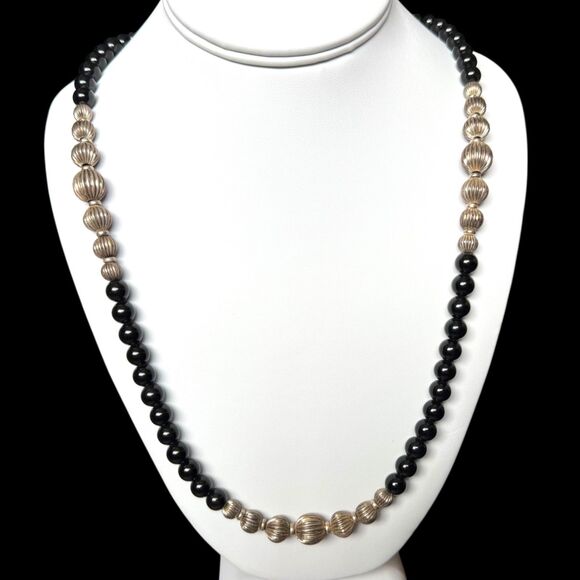 Vintage Sterling Silver Native Pearl Black Onyx Beaded Necklace 34in Chain 925 - Picture 4 of 16
